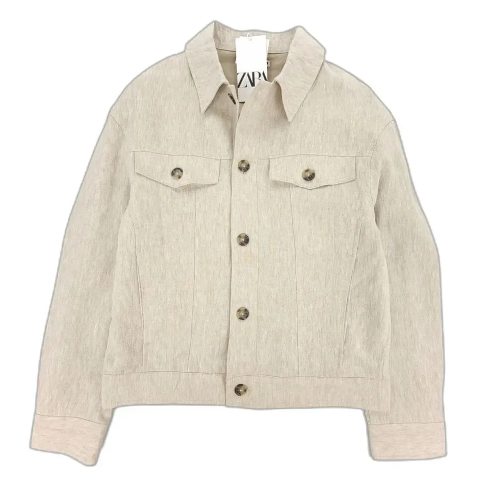 NWT Zara Man 100% Linen Old Money Cargo Button Down Shirt Jacket Ecru Luxe Small